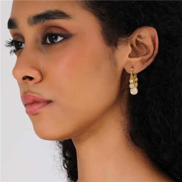 14K Gold Plated Huggie Earrings – Elegant Dangle Hoop - Picture 2 of 6